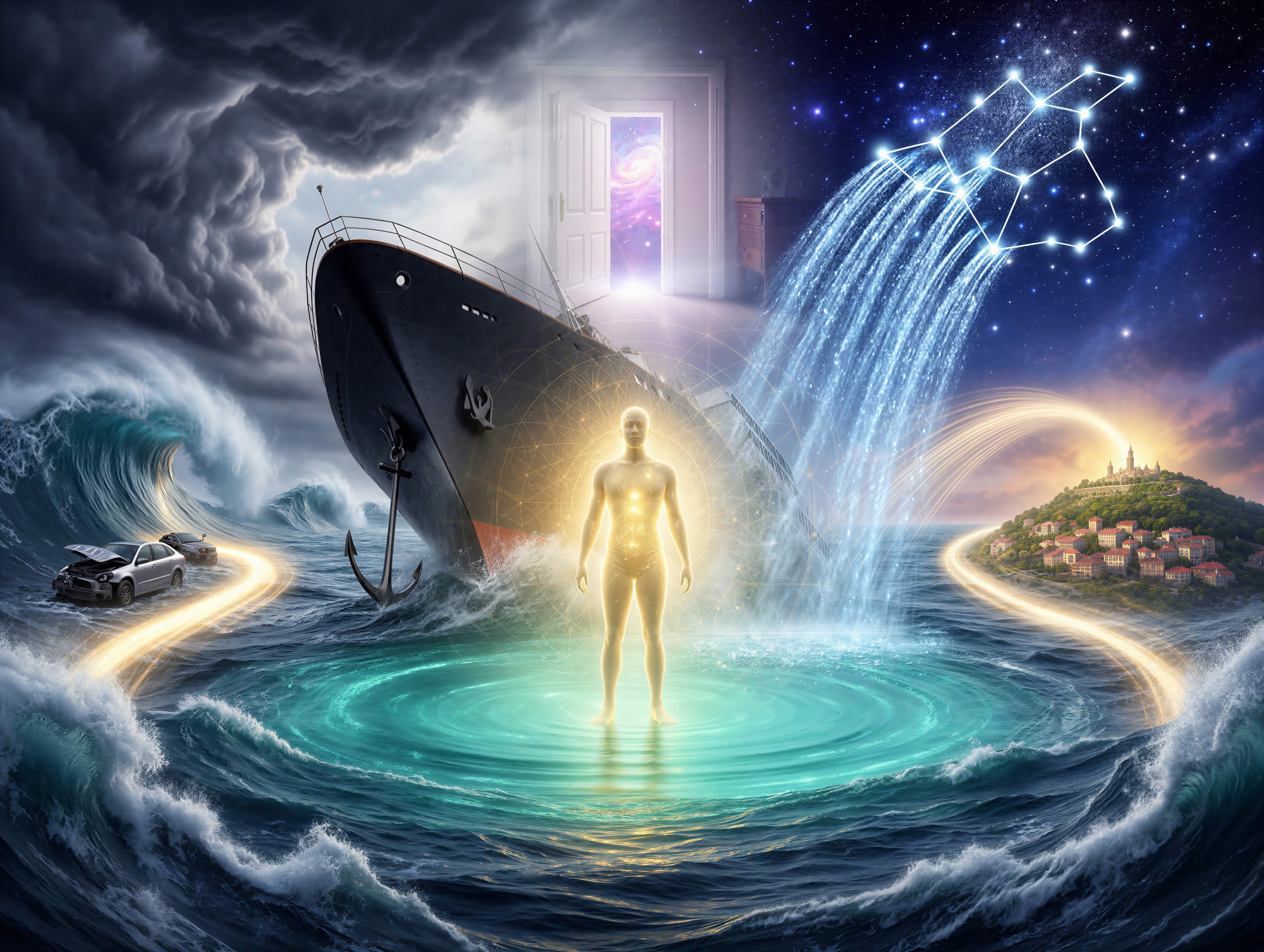 Surreal Painting of Spiritual Journey in Turquoise Ocean