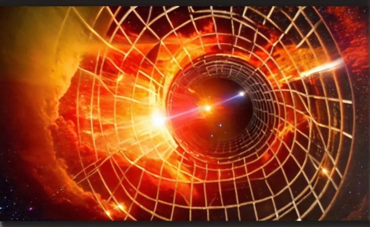 Vivid Cosmic Tunnel with Spiraling Grid and Stars