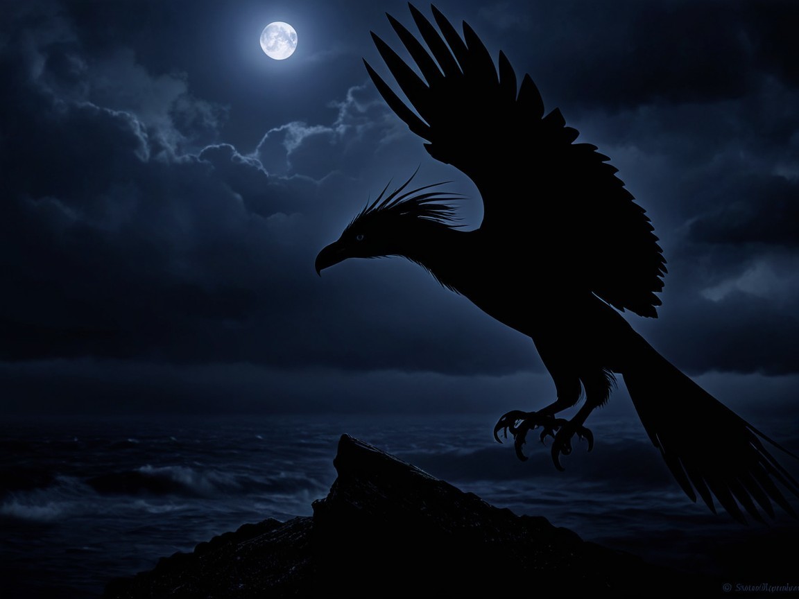 Large Bird Silhouette Against Night Sky and Ocean