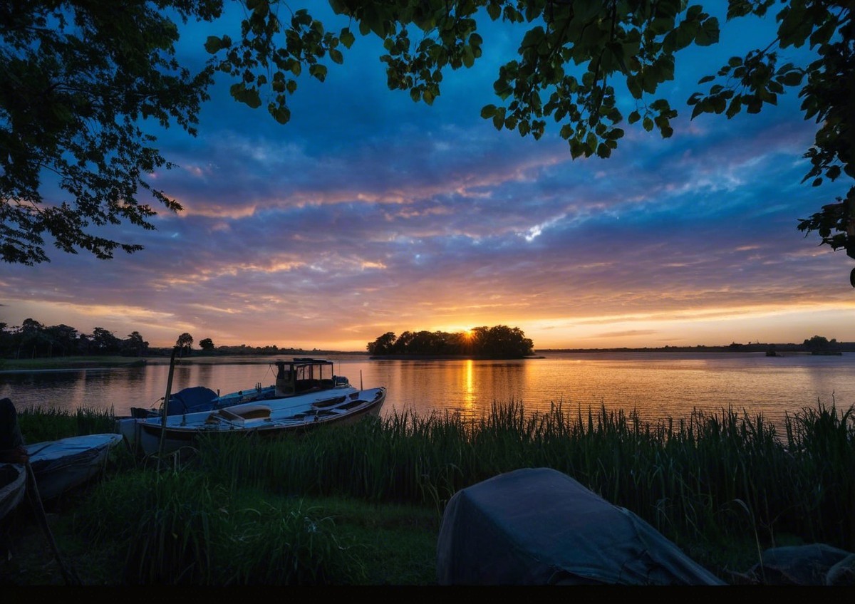 Serene Lakeside Sunset with Vibrant Reflections