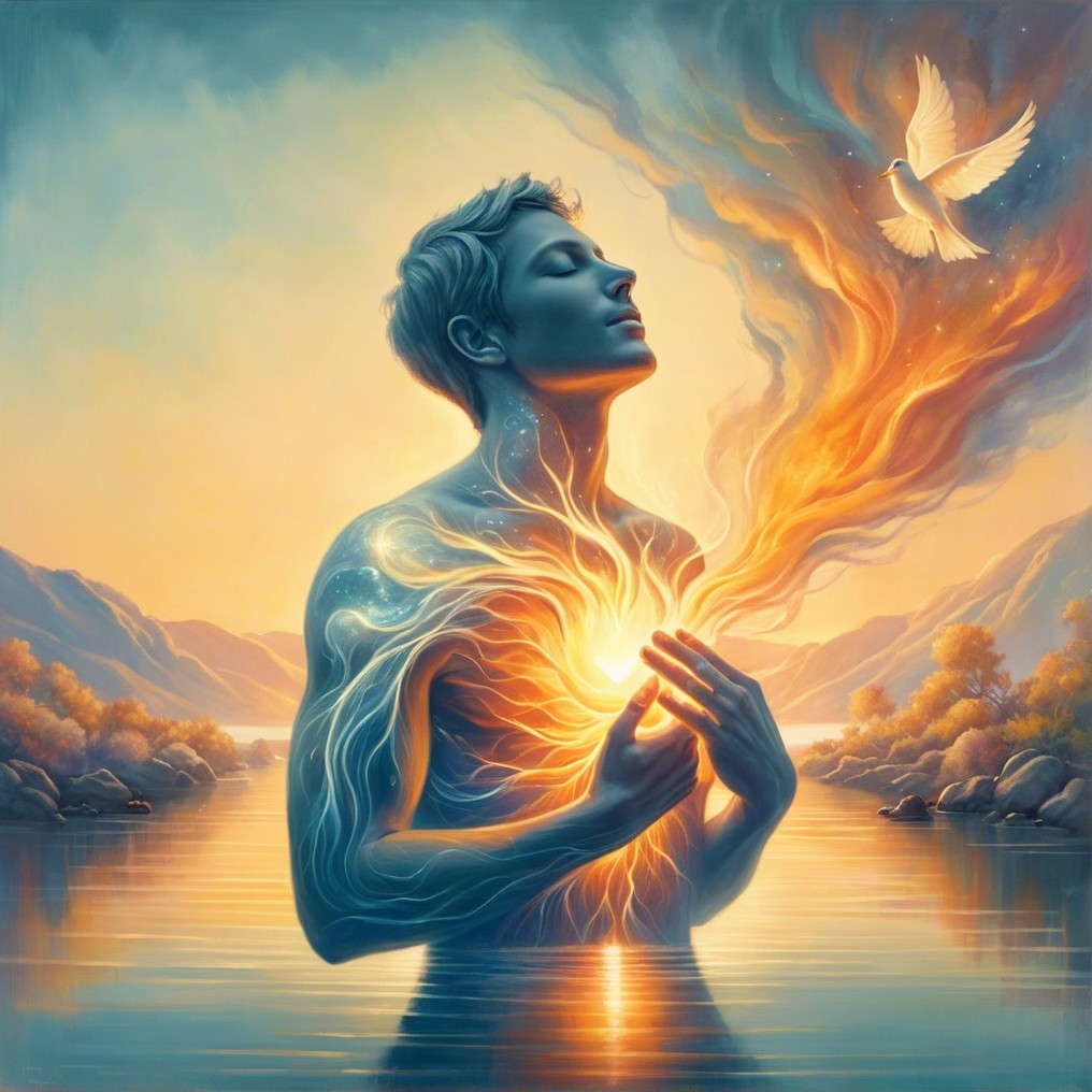 Serene Figure in Calm Waters with Ethereal Atmosphere