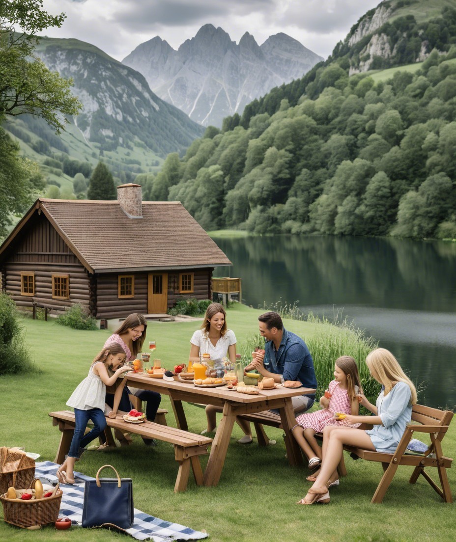 Family Picnic by a Scenic Lake Surrounded by Nature