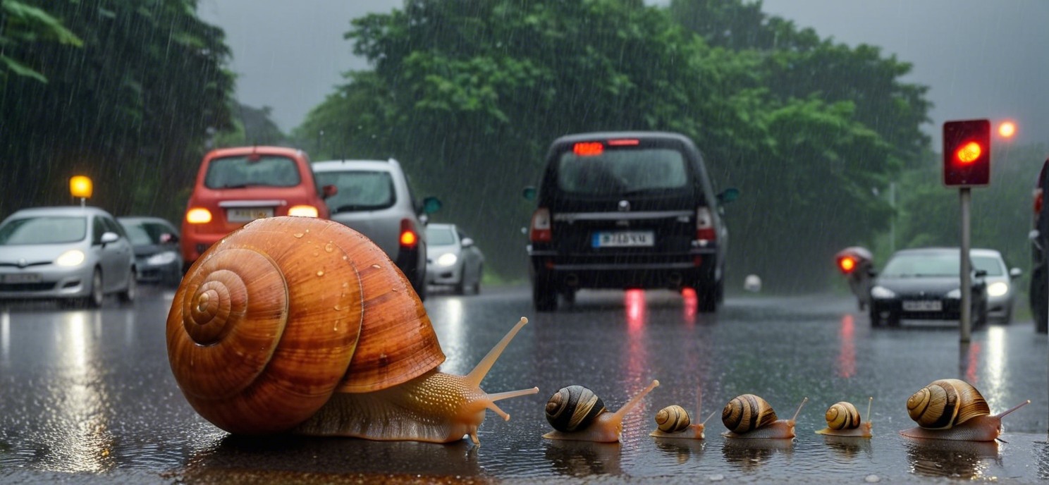 Snails Crossing a Rainy Urban Road Scene