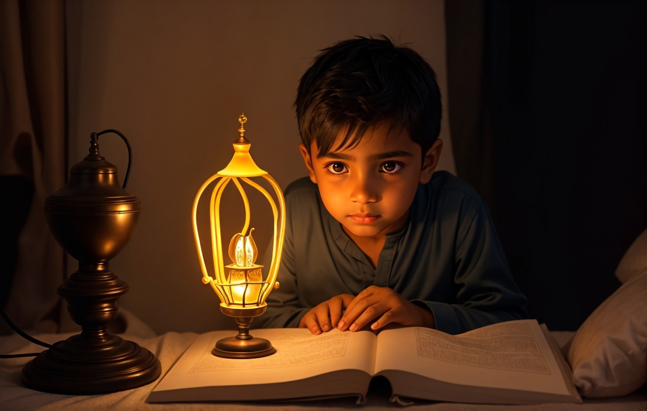 Young boy reading an open book by lantern light