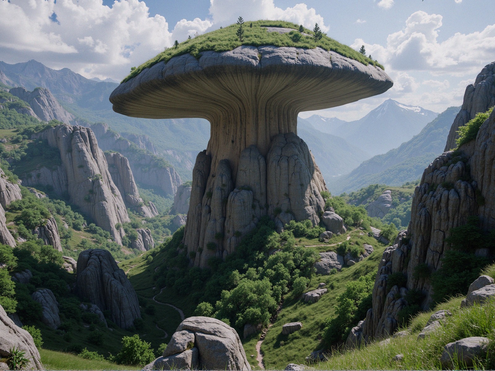 Mushroom-Shaped Rock Formation in Serene Landscape