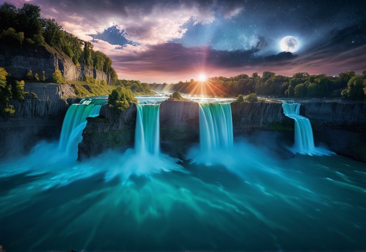 Cascading Waterfalls Under Twilight Sky and Moonlight