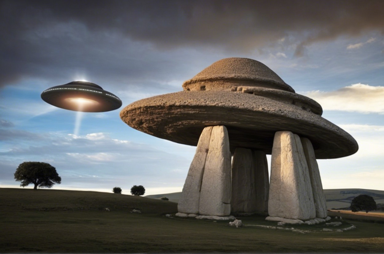 Ancient Stone Structure with Hovering Flying Saucer