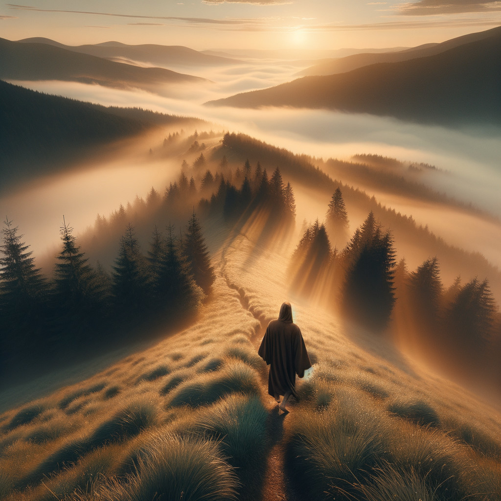 Serene Sunrise Landscape with Cloaked Figure and Mist