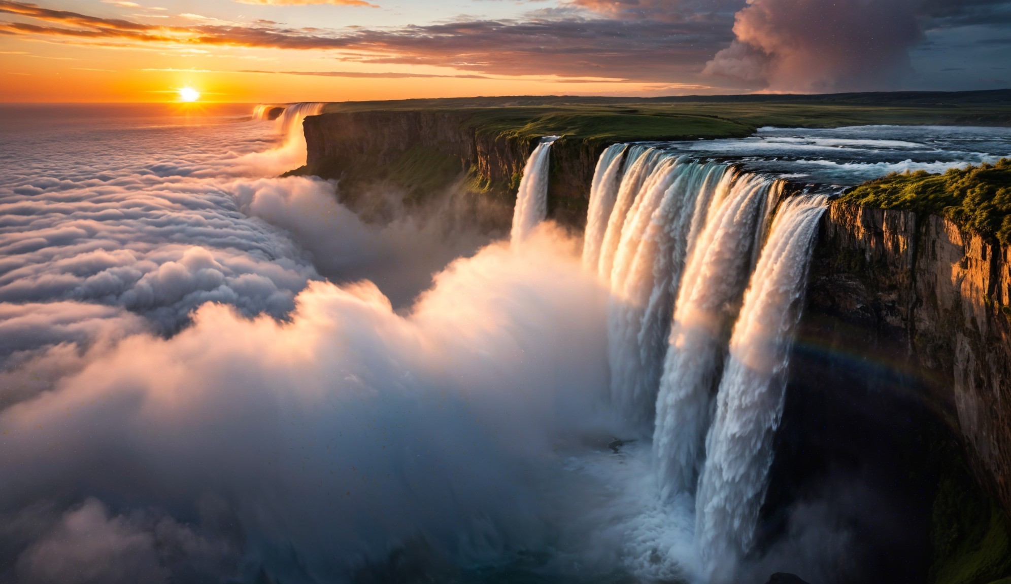 Majestic Waterfall Cascading into Misty Landscape