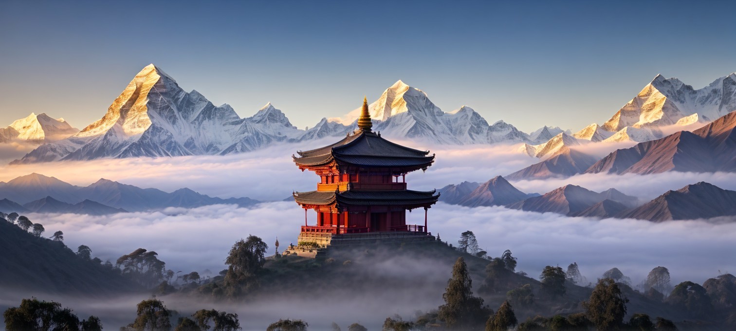 Traditional Asian Pagoda with Snow-Capped Mountains