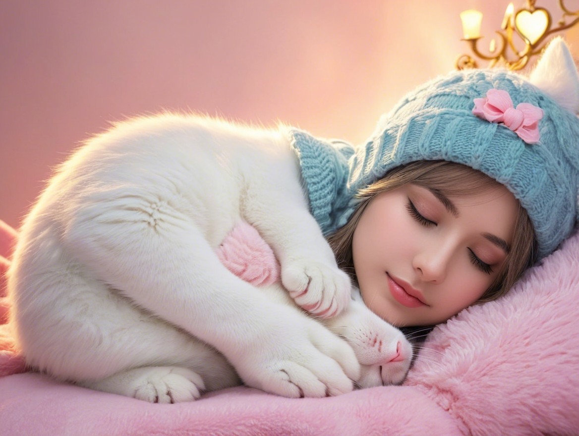Young girl in blue hat cuddles white cat on blanket