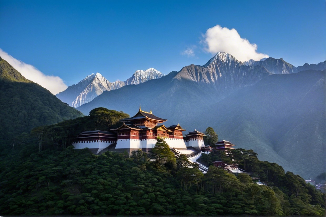 Mountain Landscape with Traditional Asian Temple