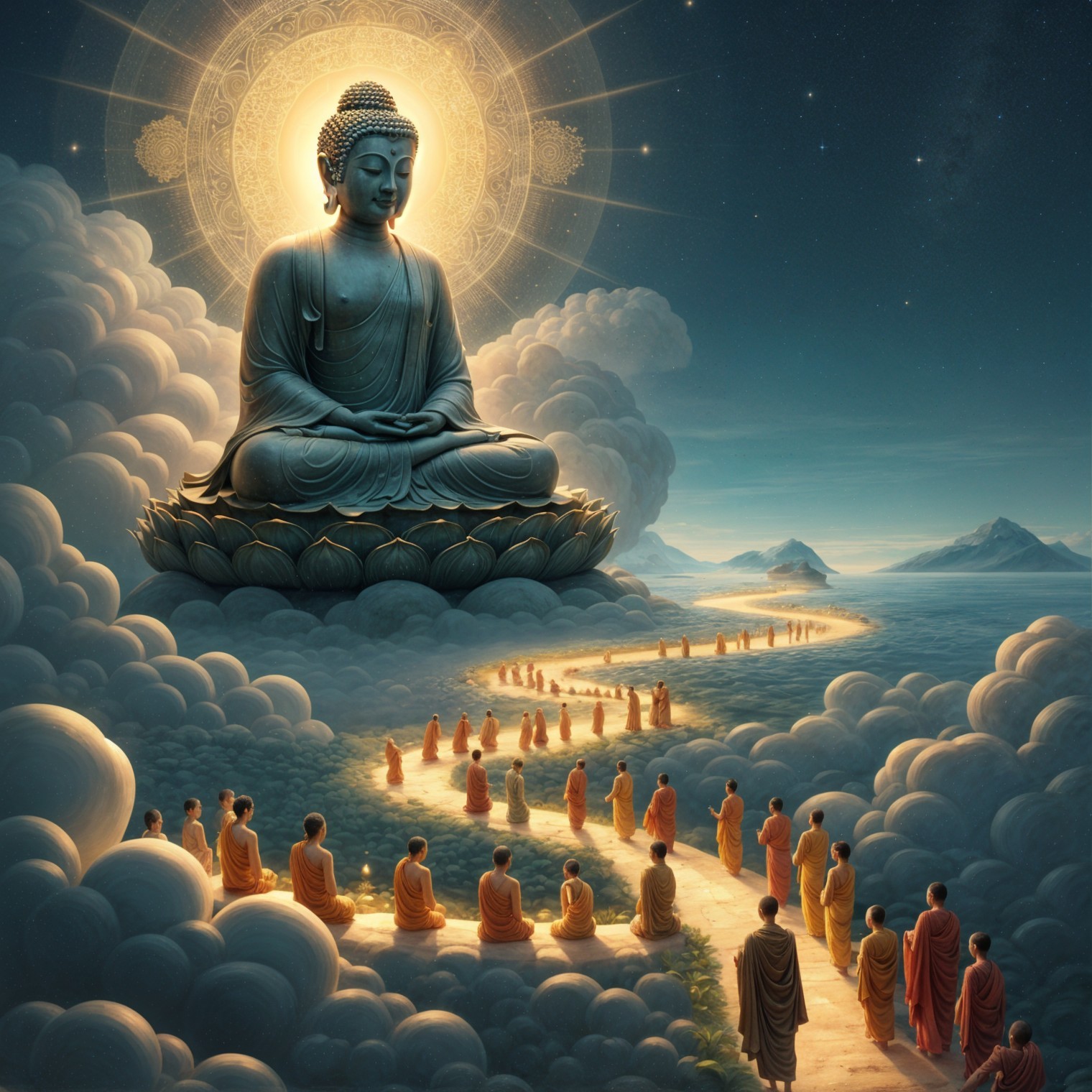 Colossal Buddha Statue on Lotus in Serene Landscape