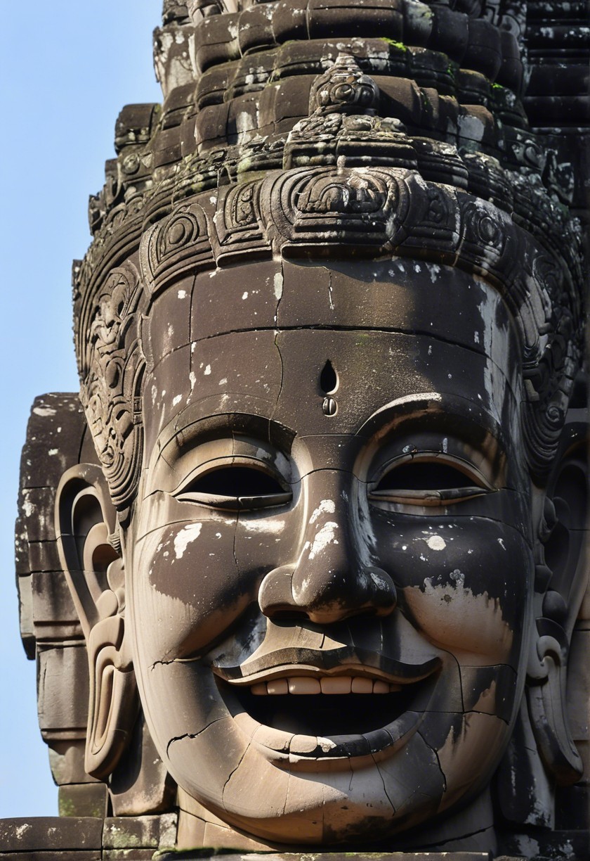 Stone Face of Smiling Deity at Bayon Temple, Cambodia