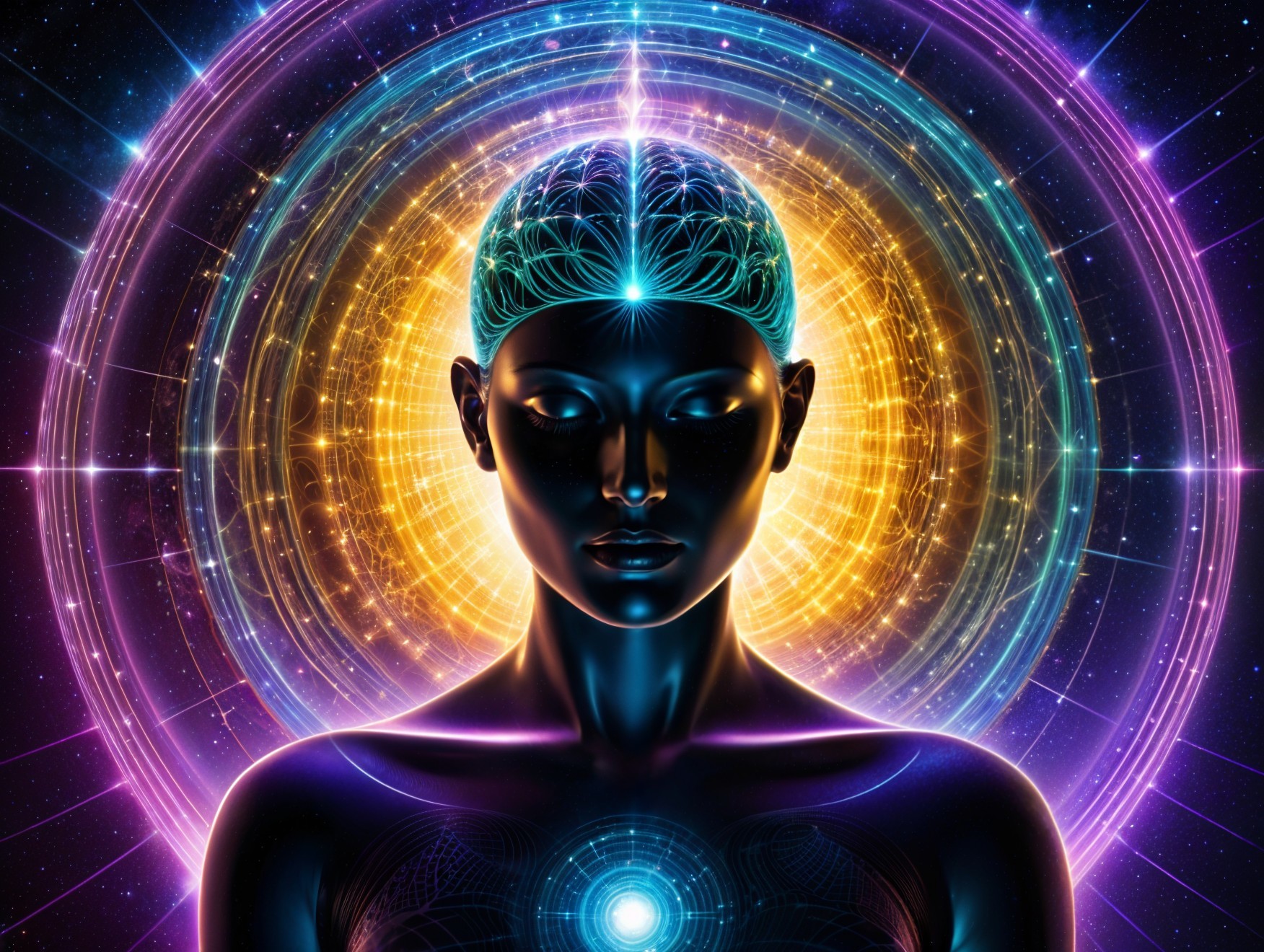 Ethereal Figure with Cosmic Brain and Vibrant Rings