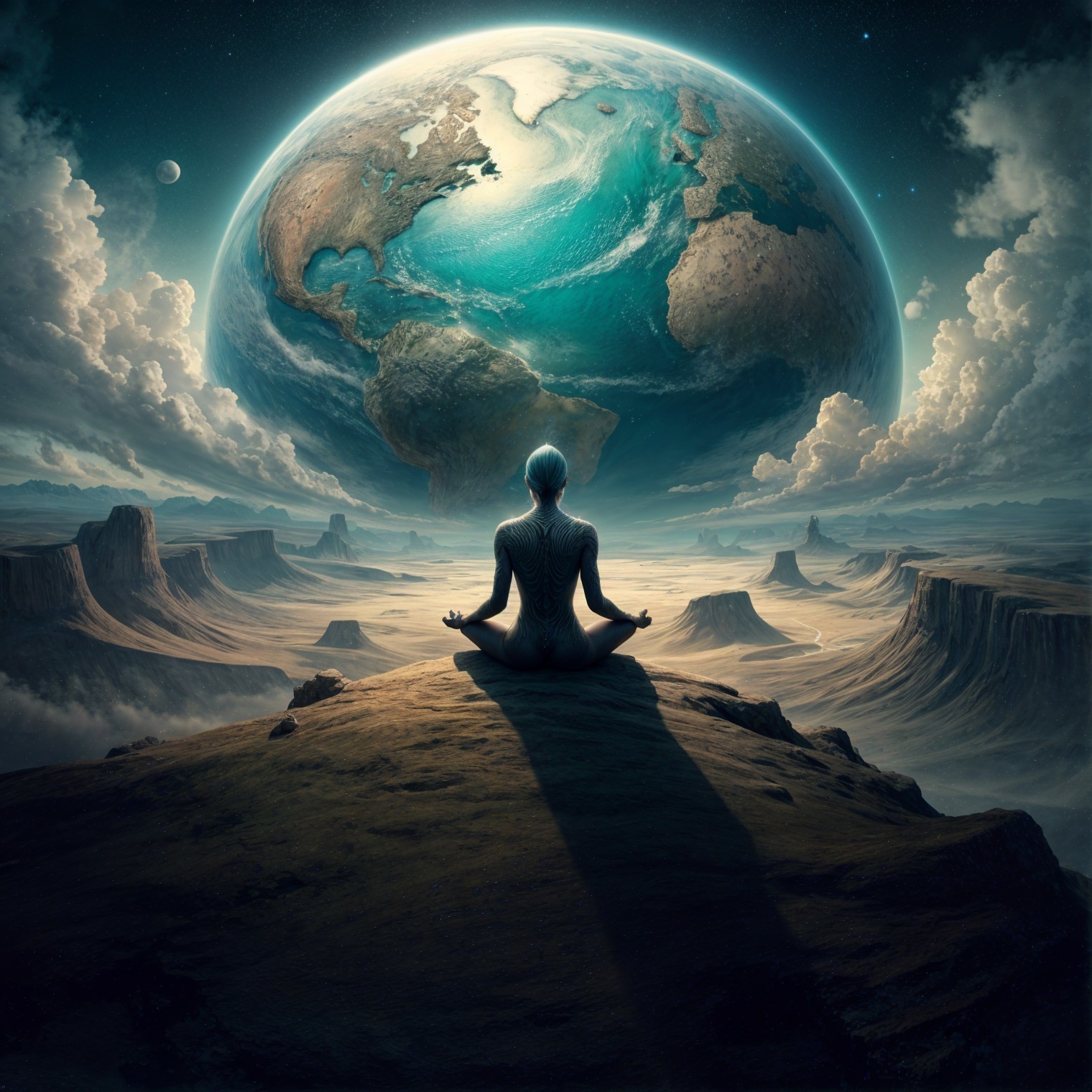 Meditative Figure Overlooking Earth and Mountains
