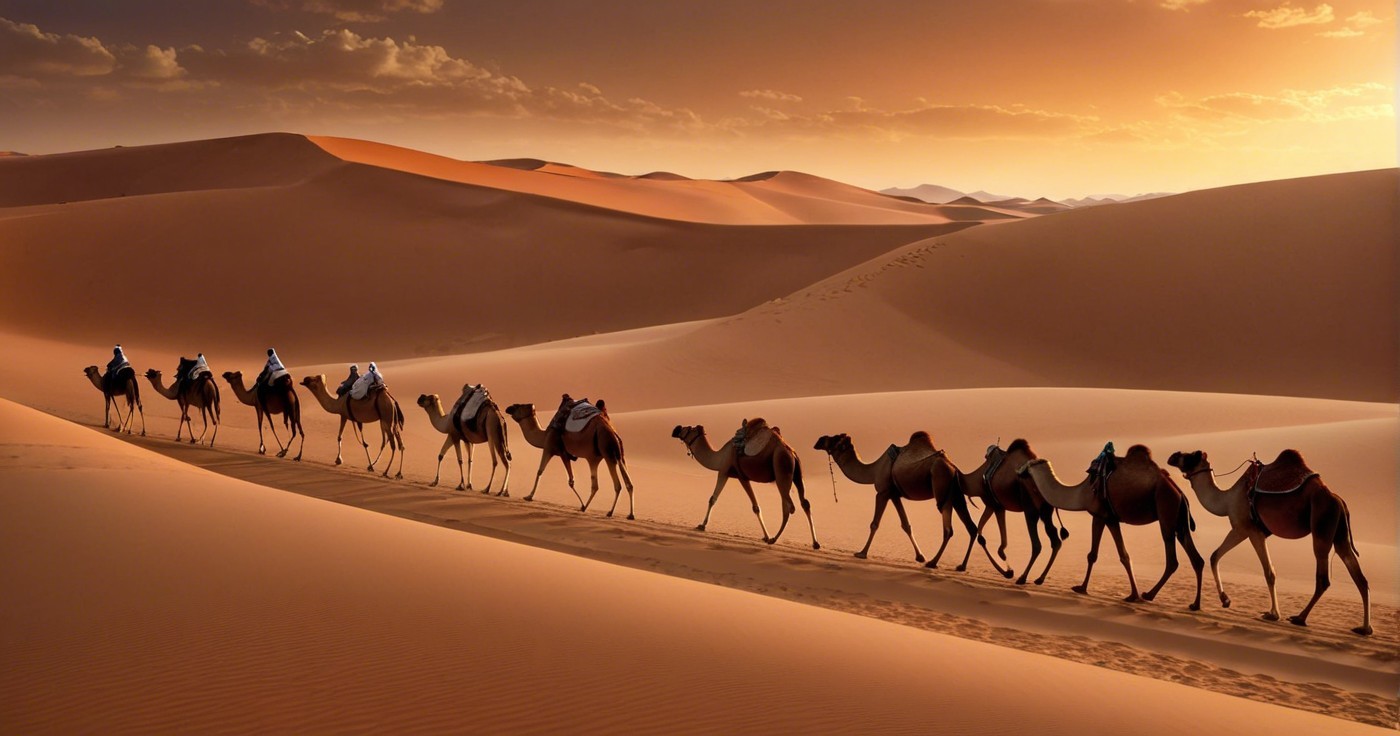 Camels Walking Through Sunset Desert Sand Dunes