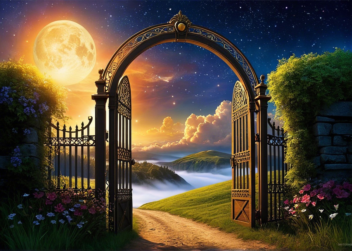 Ornate Gate Opens to Moonlit Landscape and Flowers