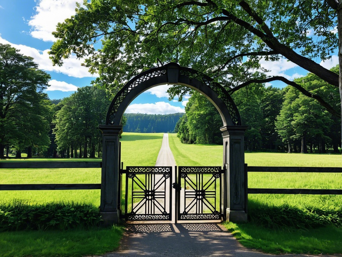 Ornate Wrought-Iron Gate Framed by Lush Trees