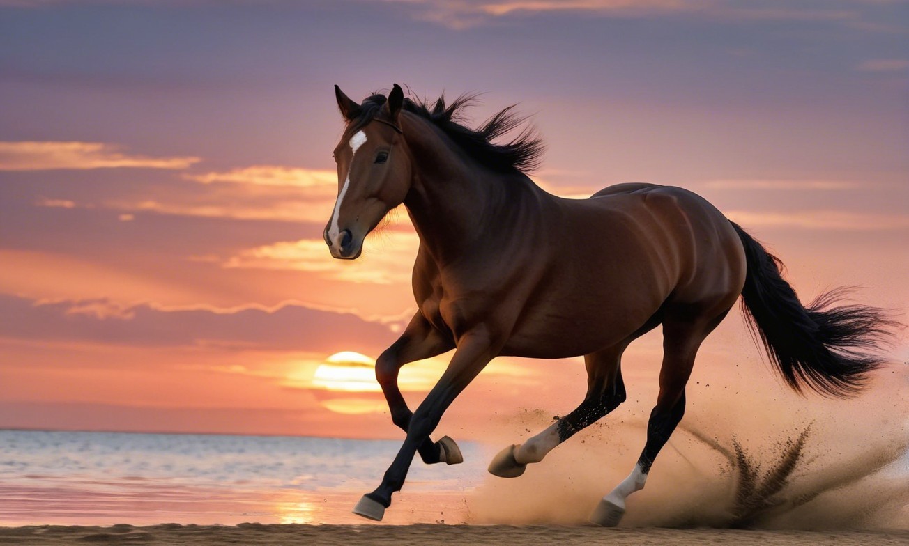 Brown Horse Galloping on a Sunset Beach Scene