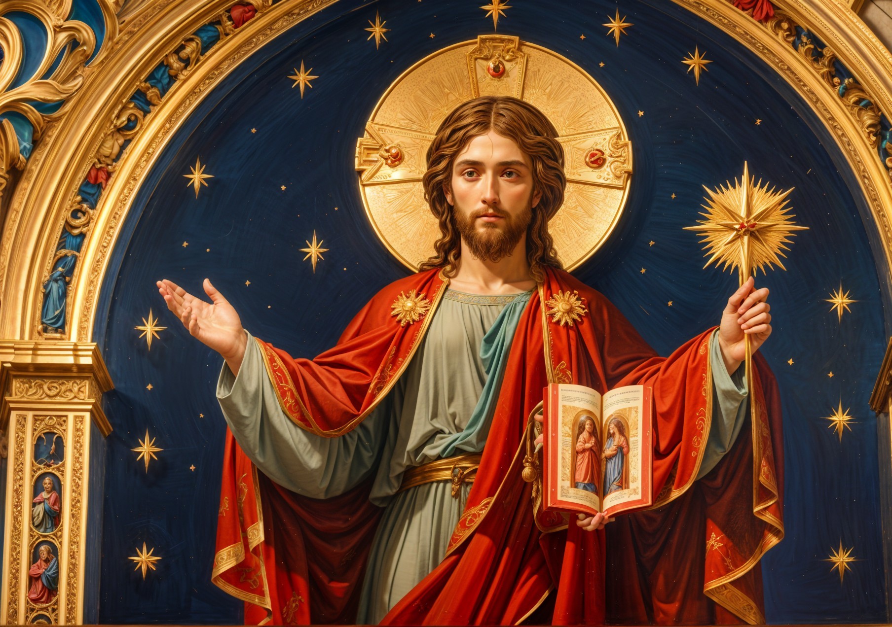Religious Figure Depicted with Open Arms and Book