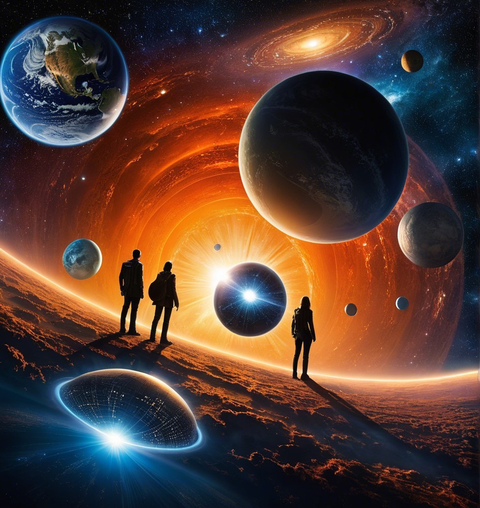 Cosmic Landscape with Silhouetted Figures and Galaxies