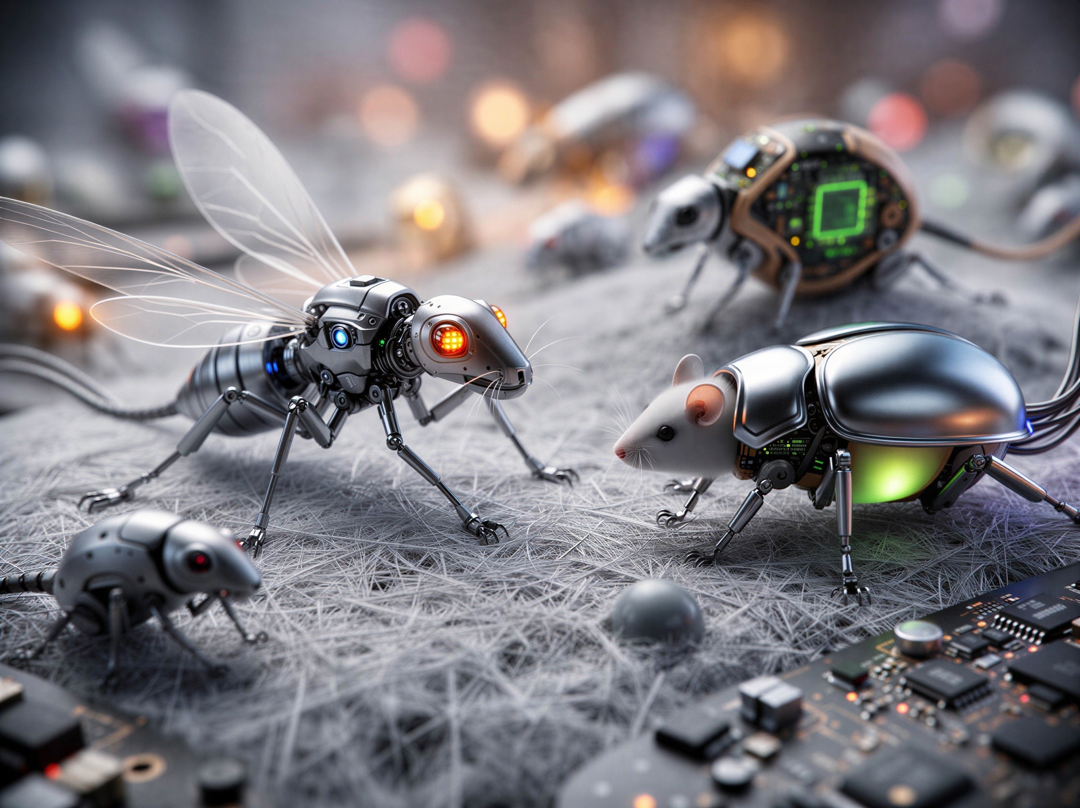 Close-Up of Robotic Insects and Mice on Gray Surface