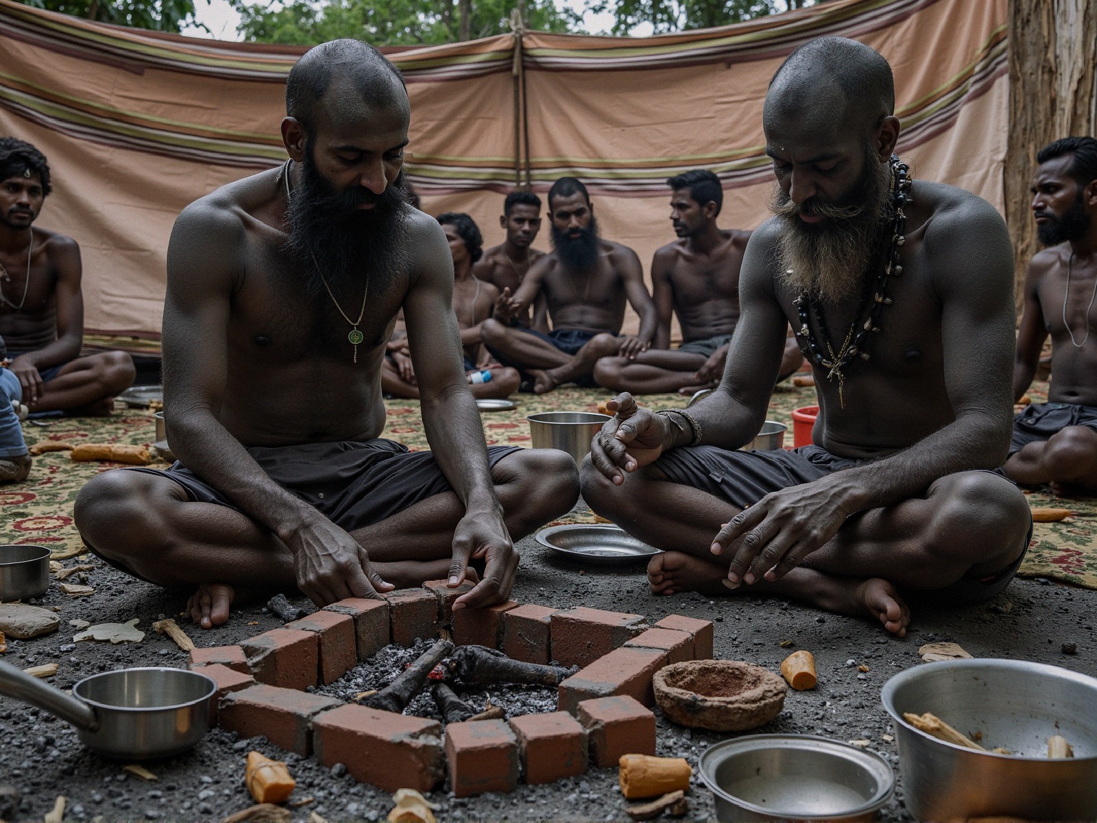 Men Engaged in Ritual Around Fire Pit in Nature
