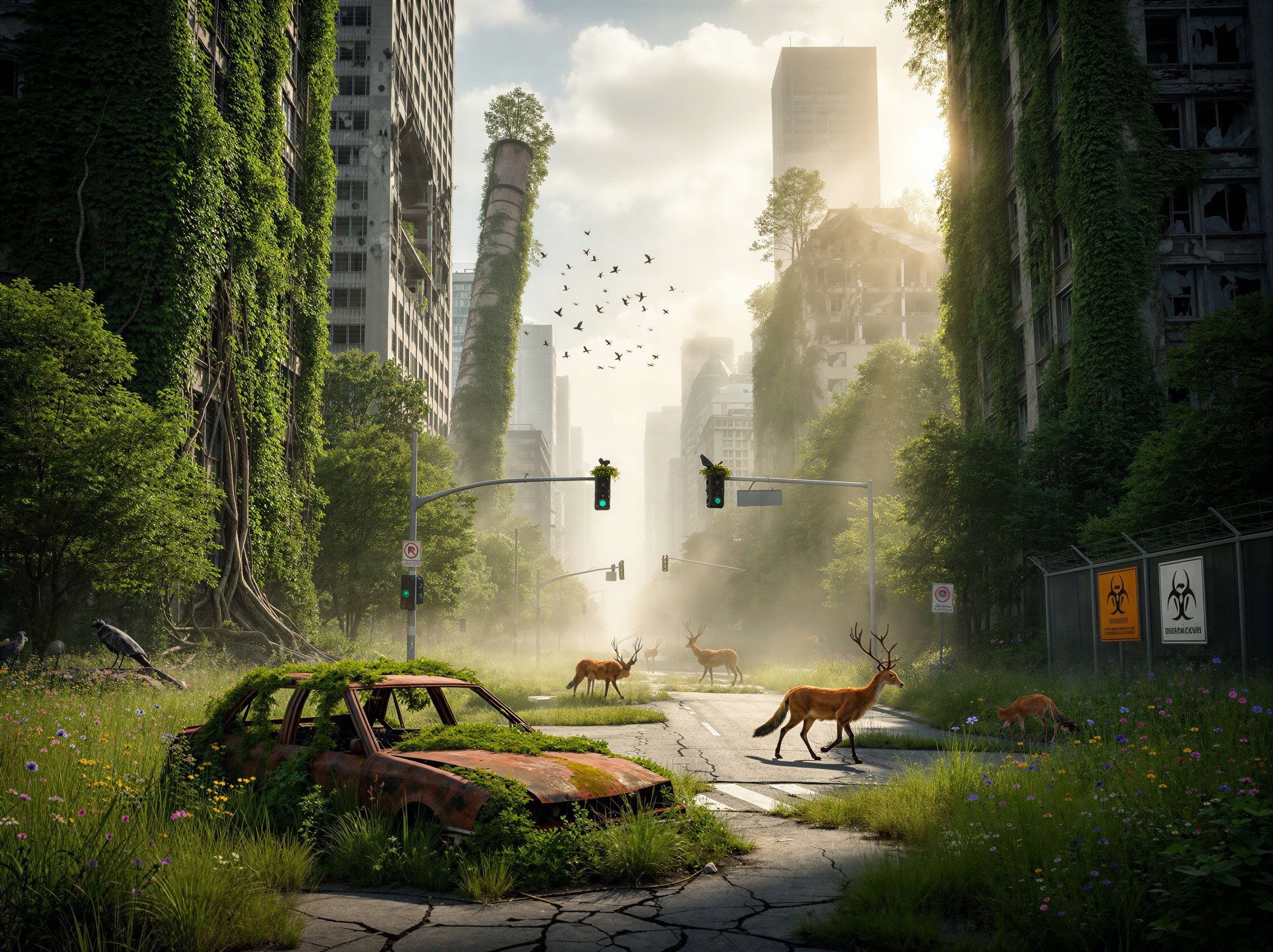 Abandoned city street overgrown with nature and wildlife