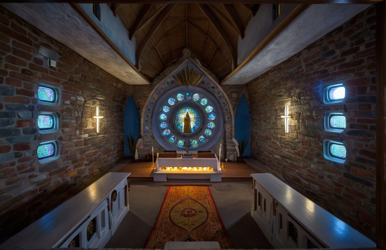 Serene Chapel Interior with Stained Glass Features