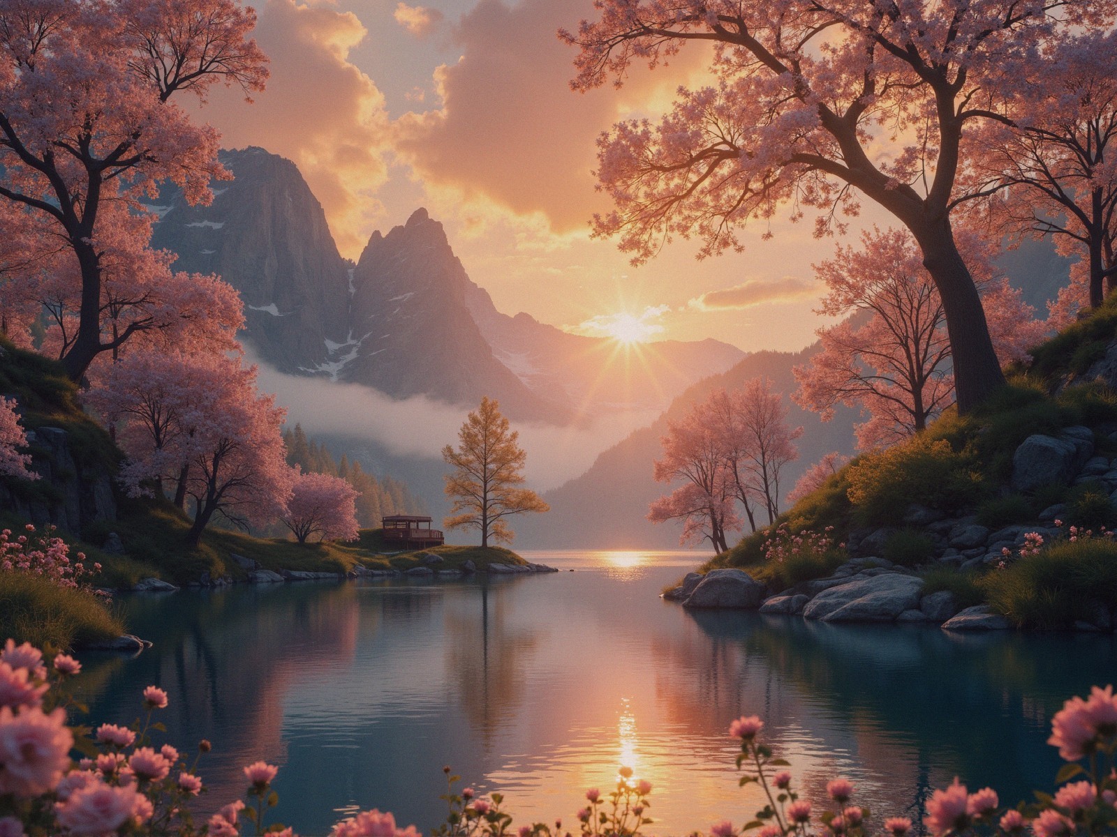 Tranquil Lake Landscape with Sunset and Cherry Blossoms