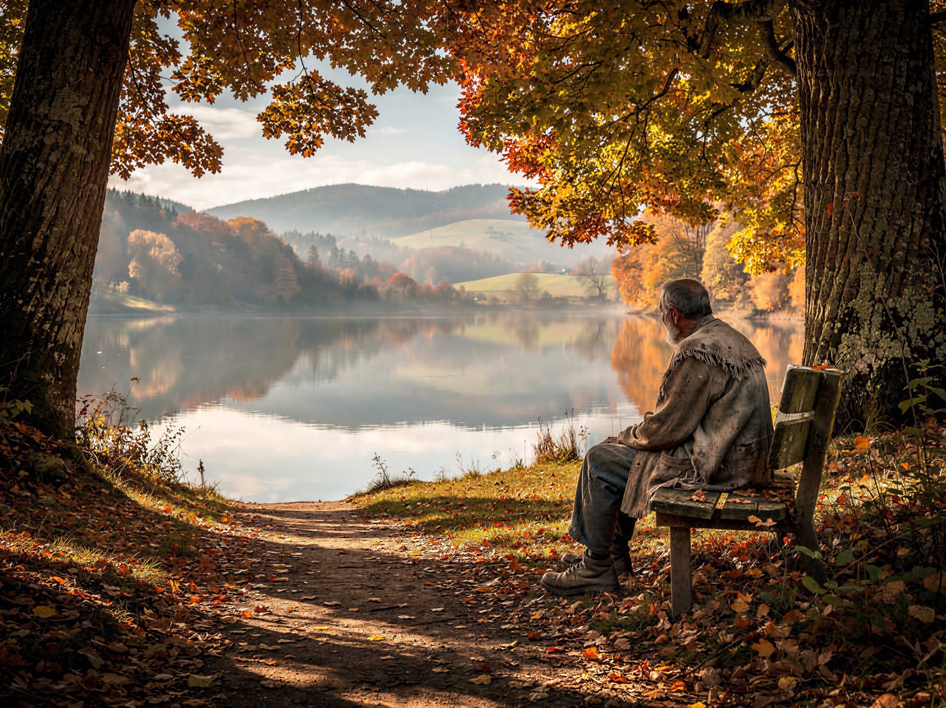 Serene Autumn Landscape with Elderly Man by Lake