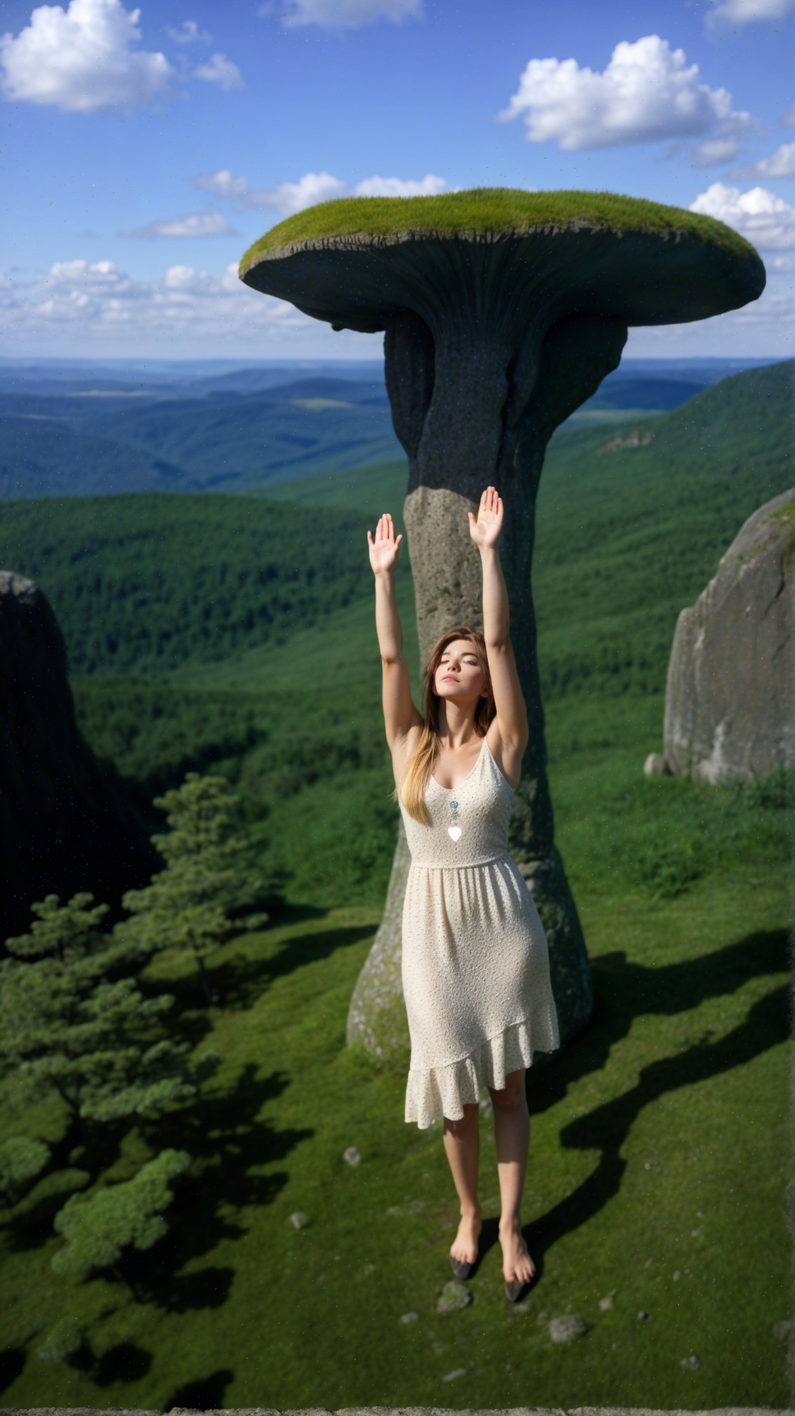 Woman in White Dress Amidst Lush Green Landscape