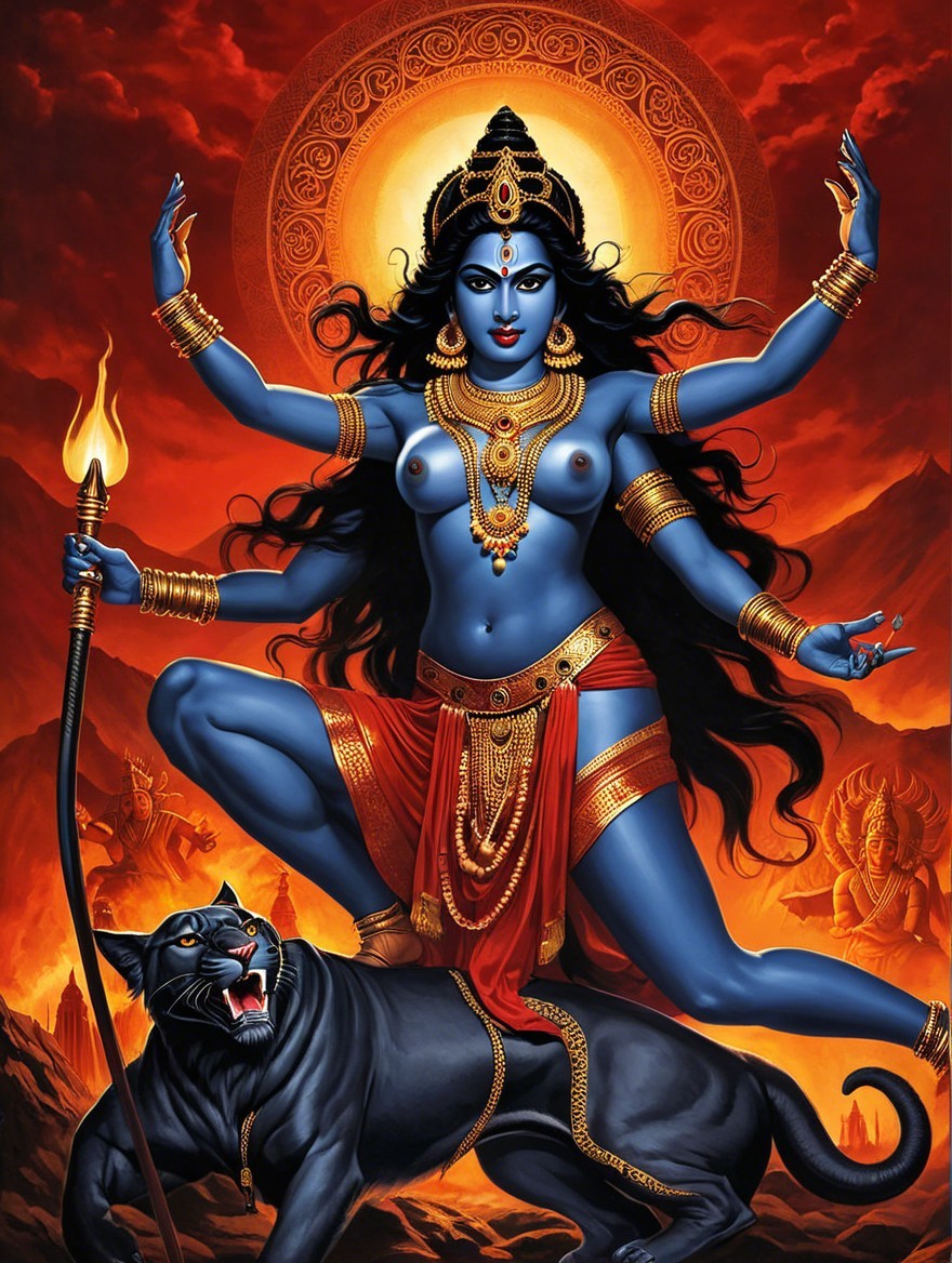 Goddess with Dark Blue Skin and Multiple Arms on Panther
