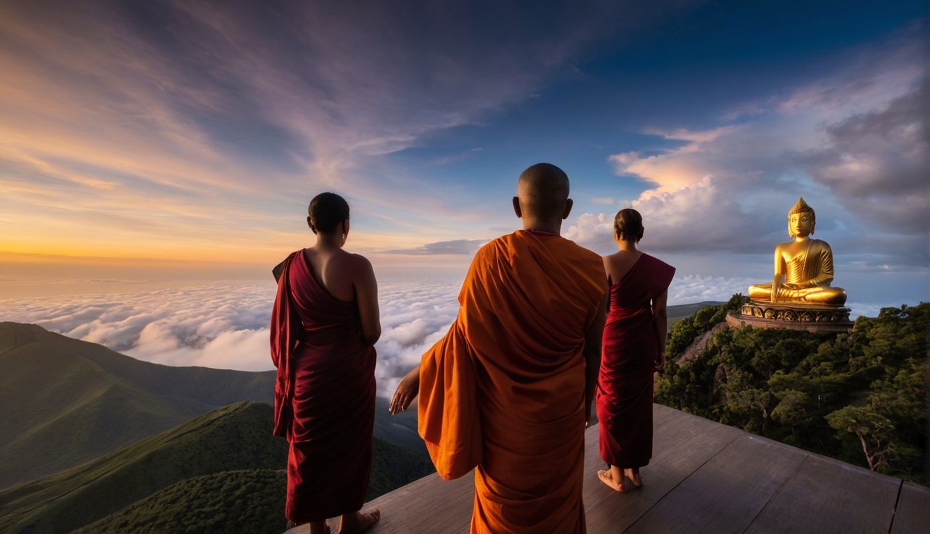 Monks in Robes Overlooking Golden Buddha at Sunset