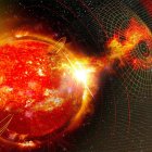 Futuristic Tunnel with Golden Lights and Starry Sky