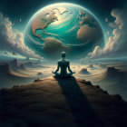 Meditative Figure Overlooking Earth and Mountains