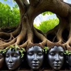 Surreal Scene of Mannequin Heads and Majestic Tree