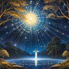 Cosmic Landscape with Figure in Tranquil Pool