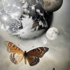 Surreal Landscape with Celestial Bodies and Butterfly