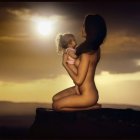 Mother and baby on hilltop at sunset with warm hues