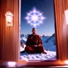 Serene figure in wooden structure amid snowy mountains