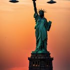 Statue of Liberty at Sunset with Flying Saucers