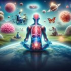 Surreal Landscape with Meditating Silhouette and Nature