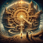 Intricate Spiral Architecture with Figures in Ethereal Light