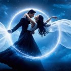 Couple Dancing Under Moonlight with Flowing Fabric
