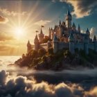 Majestic castle on a rocky hill with dramatic clouds