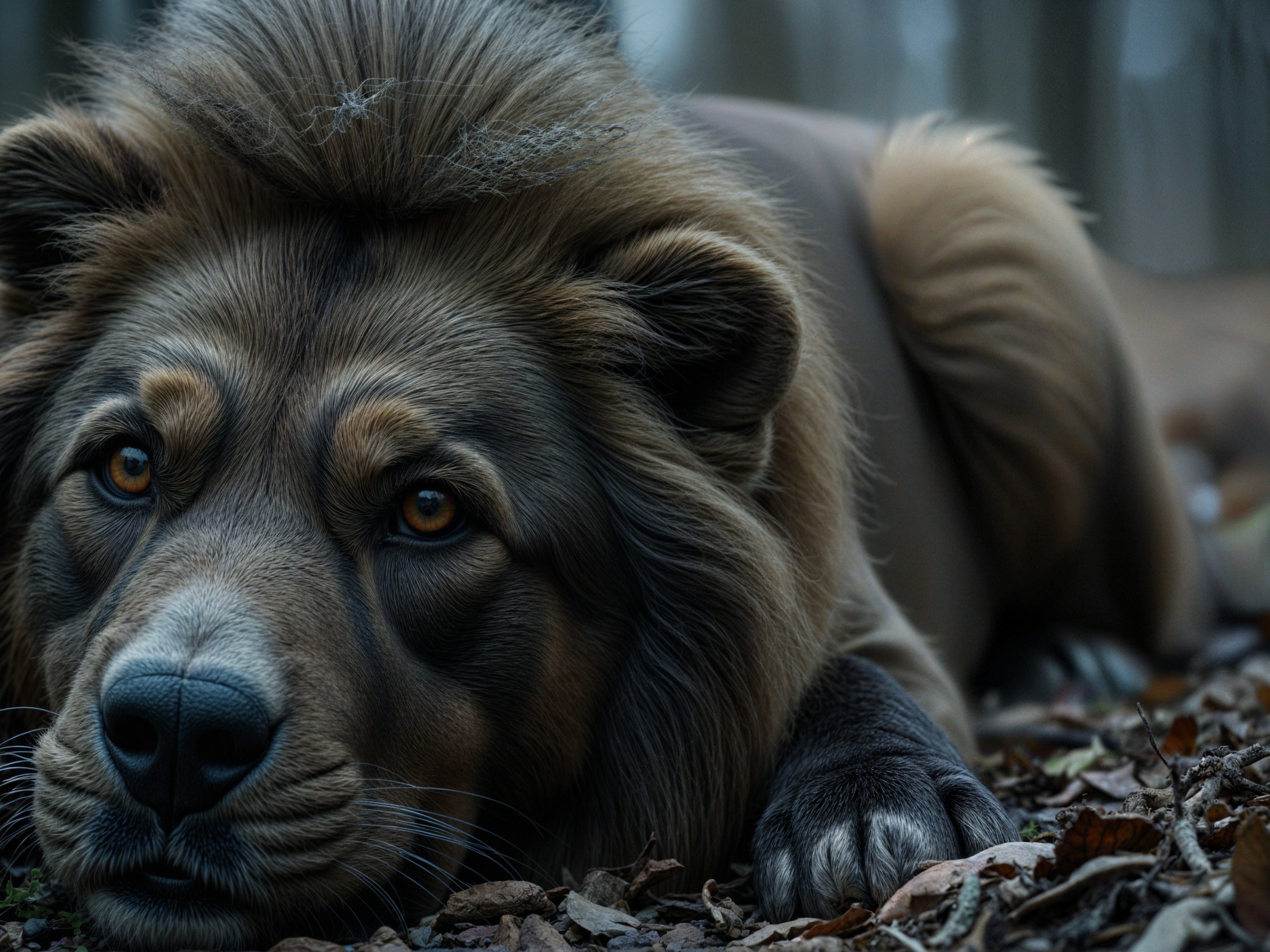 Majestic lion resting in forest among leaves