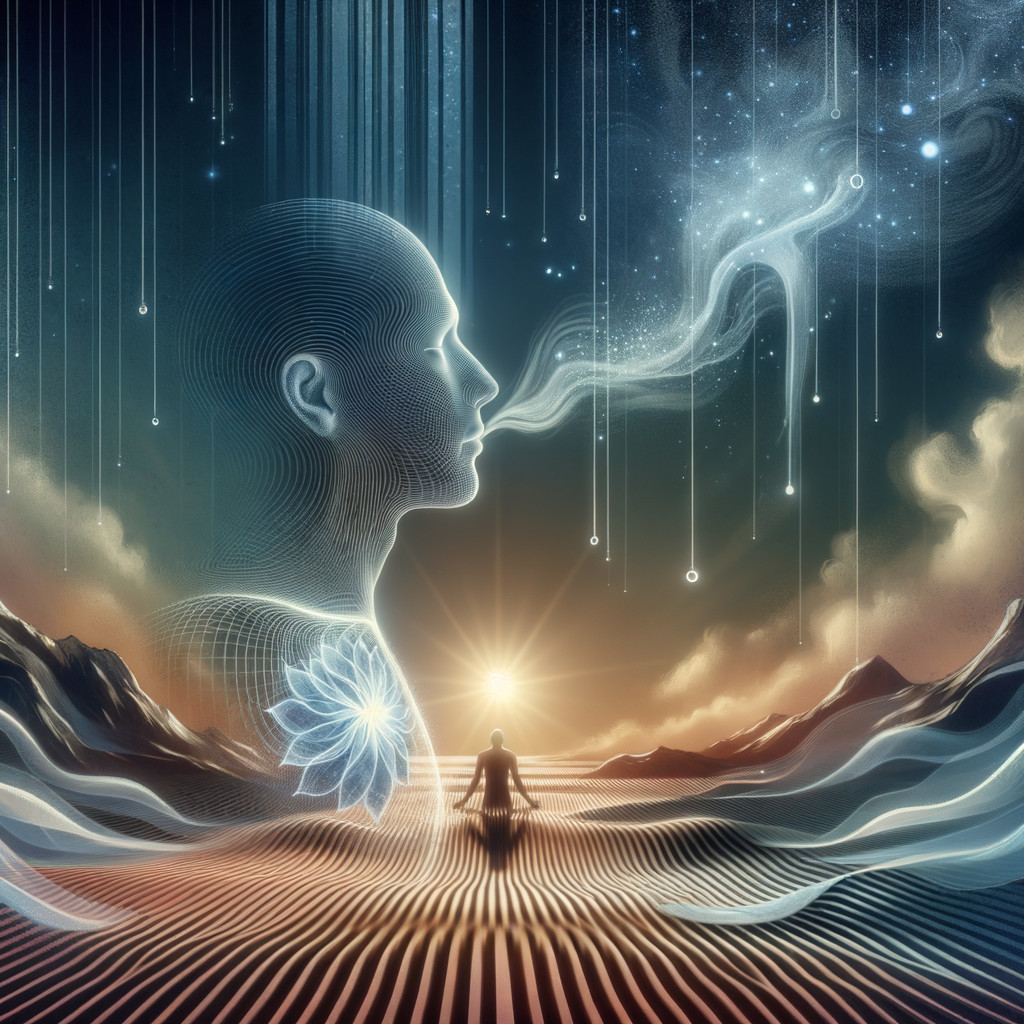 Surreal Landscape with Meditating Figure and Cosmic Elements