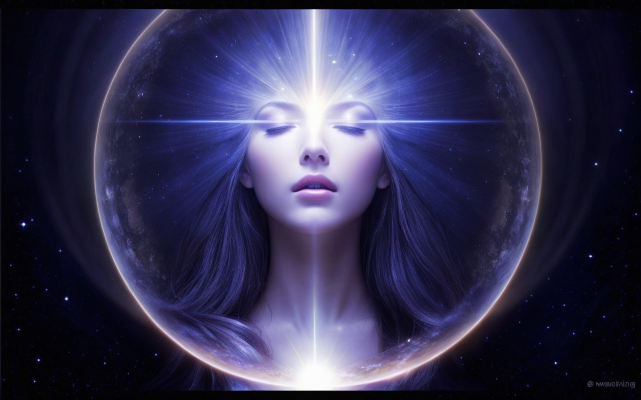 Serene Woman in Translucent Orb with Cosmic Backdrop